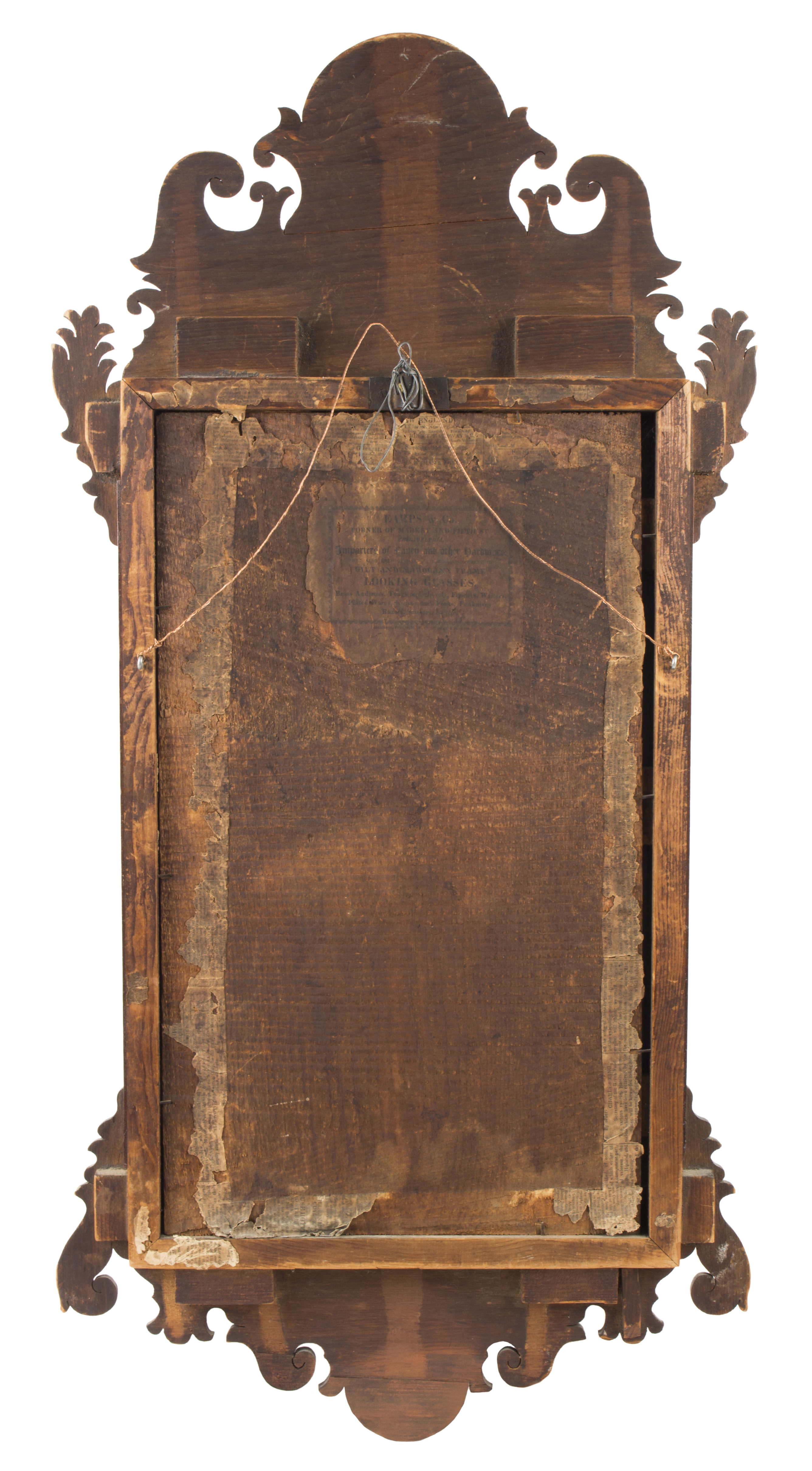 Antique Mirror, Chippendale Looking Glass, Retaining Label of Earps & Co., Philadelphia, Pennsylvania, back view